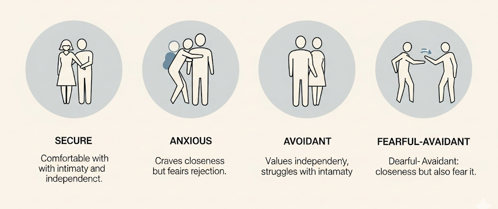 A simple, elegant infographic showing the four attachment styles (Secure, Anxious, Avoidant, Fearful) as interconnected nodes, with brief descriptions for each.