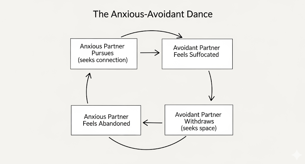 A simple looping diagram or flowchart titled "The Anxious-Avoidant Dance." One arrow shows "Anxious Partner Pursues," which leads to "Avoidant Partner Feels Suffocated," which leads to "Avoidant Partner Withdraws," which leads to "Anxious Partner Feels Abandoned," looping back to the beginning.