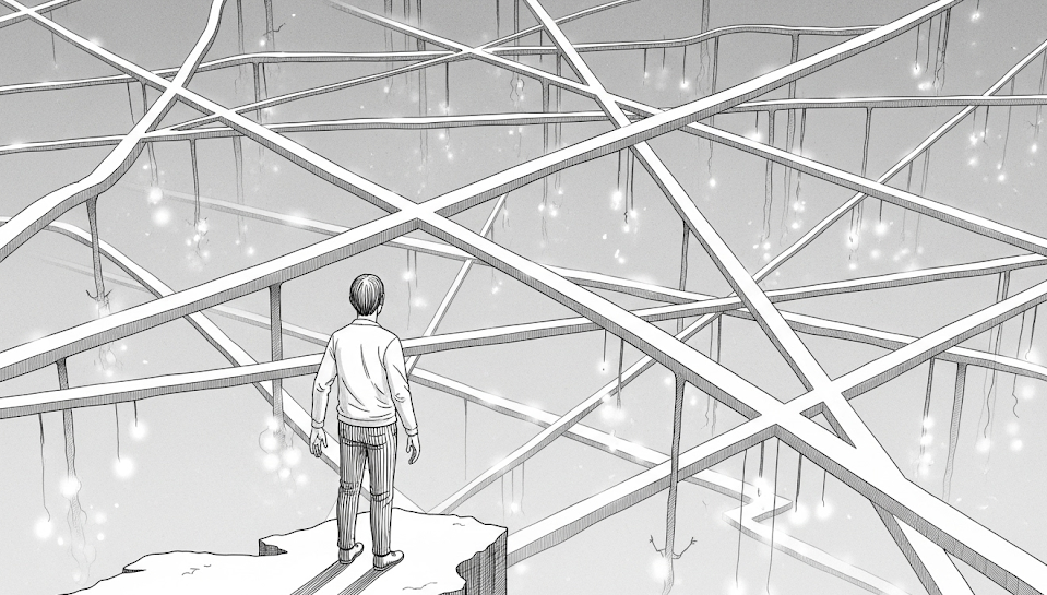 This is an illustration with a surrealist style. In the image, a solitary figure stands on a cliff edge, facing a dazzling network of glowing paths that stretch into infinity. Each path represents a life possibility; they diverge, intertwine, and eventually disappear into a misty void. This person is frozen in place, overwhelmed by the endless choices before them.所壓倒，無法邁出任何一步。