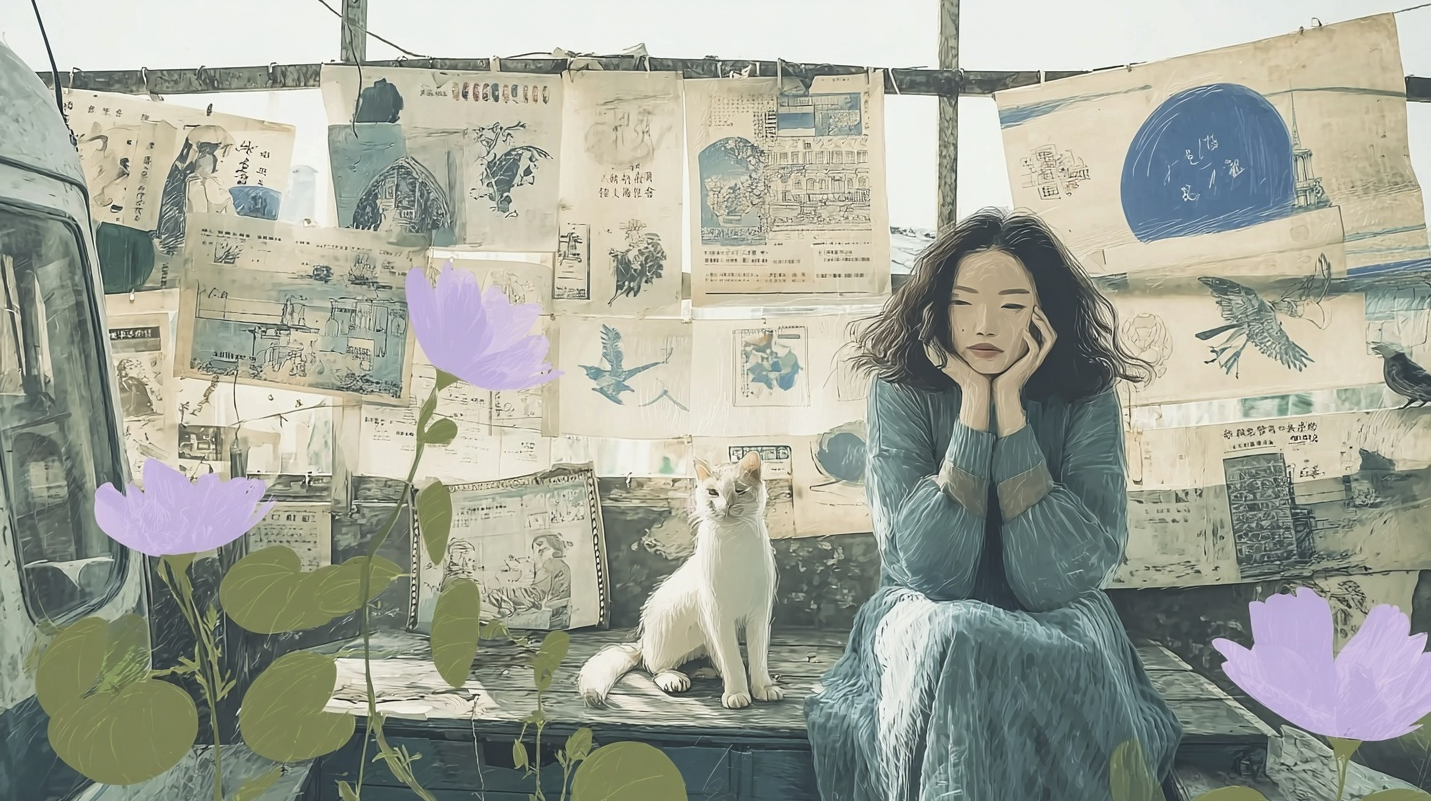 a beautiful woman in her thirties sits on the roof of an old, dilapidated house. she wears a long, blue dress and holds a white cat. flowers bloom around her, in the style of a chinese ink painting. many vintage newspaper clippings are pasted on the wall behind the lady, and purple flower petals float in the air around her.