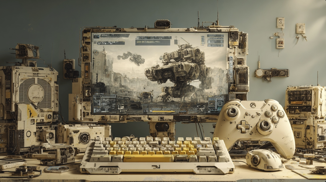 The screen displays a mecha game in progress, with an exposed computer case, game controller, and keyboard on the left side.