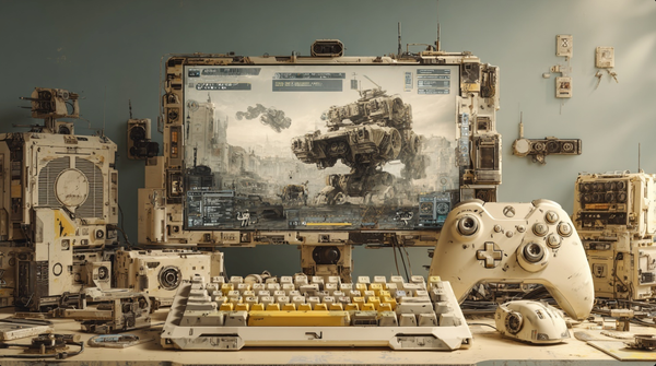 The screen displays a mecha game in progress, with an exposed computer case, game controller, and keyboard on the left side.