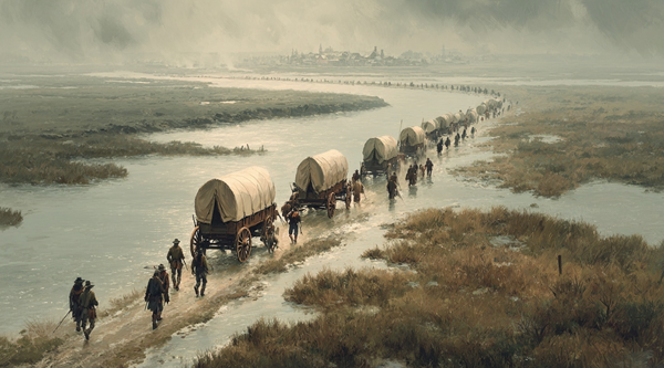 Oregon Trail Wagon Train Platte River Murky Water Crude Gravestone Dusk Dust Realistic Documentary Aesthetic Infographic Texture Bleak